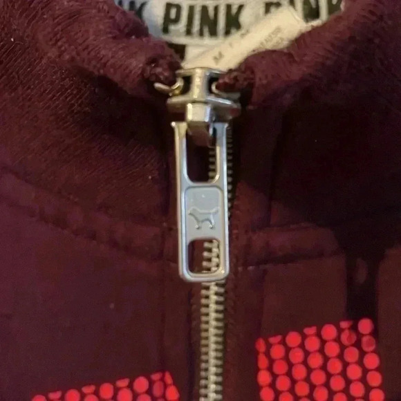 PINK Sweatshirt Women’s Medium Maroon Spellout 1/4 Zip Kangaroo Pouch - Picture 6 of 9